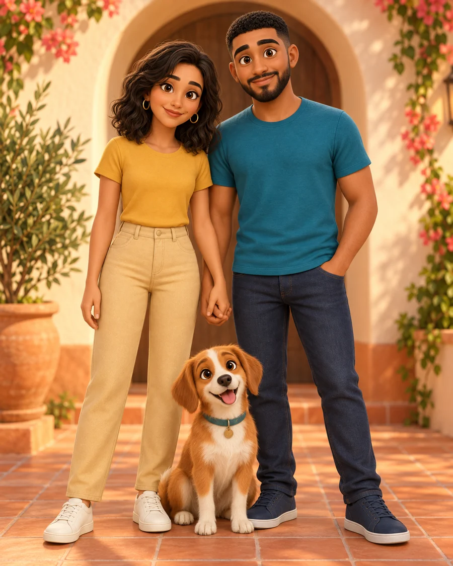 Clara, Miguel e seu cachorro no estilo Cinema 3D