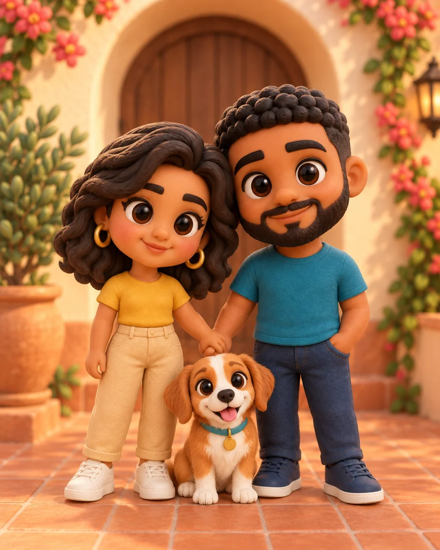 Clara, Miguel e seu cachorro no estilo Miniaturas 3D
