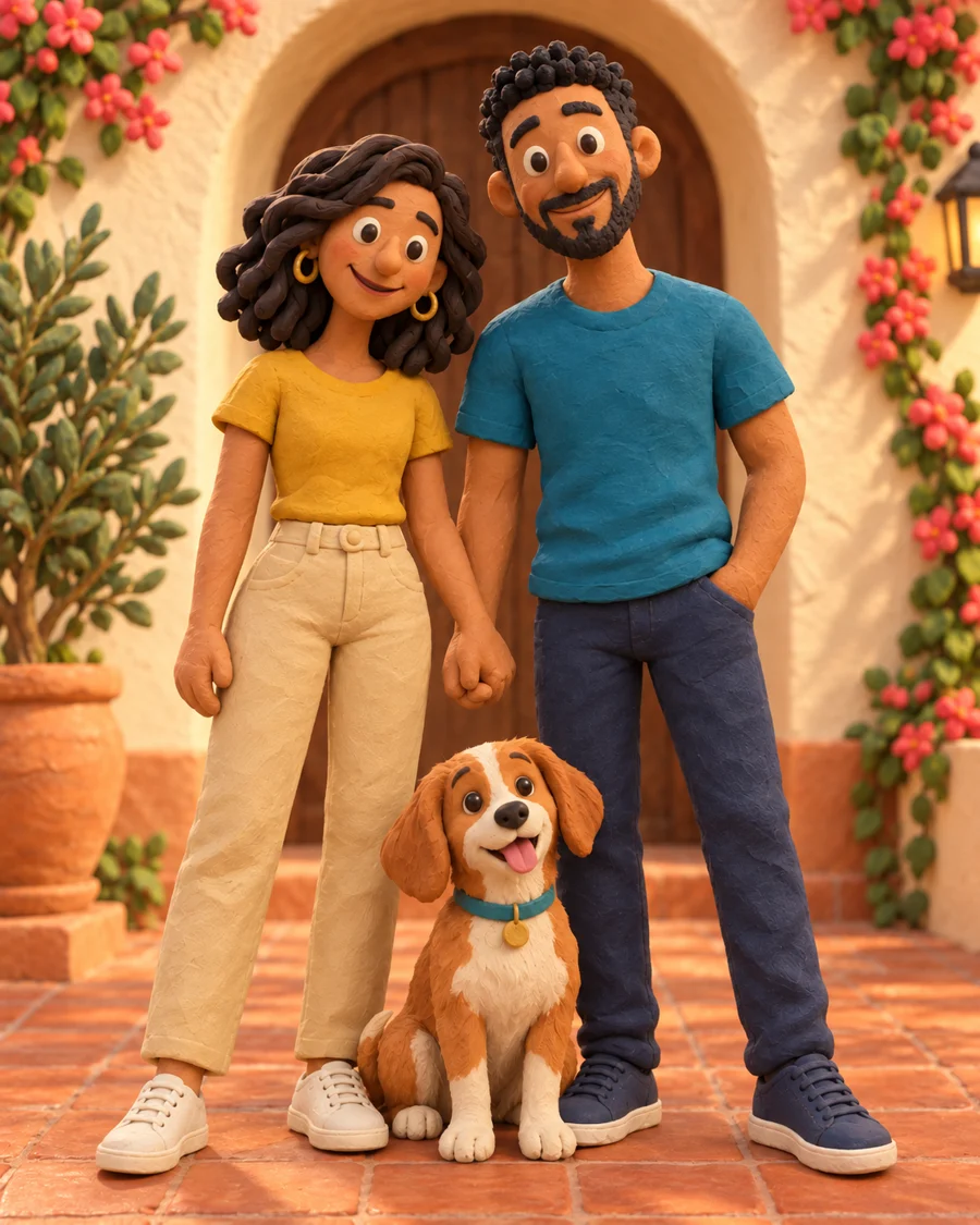 Clara, Miguel e seu cachorro no estilo Massinha 3D